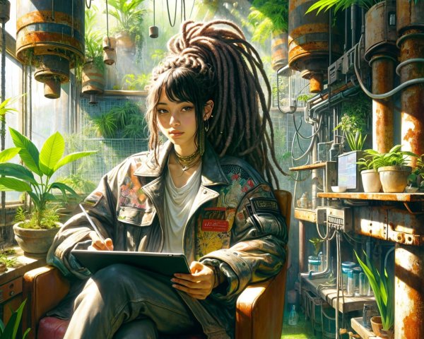 Young woman in greenhouse with tablet and plants