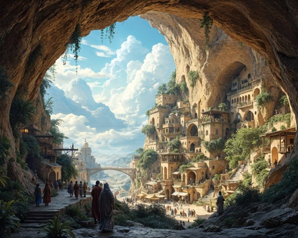 Cavern Opening to a Vibrant Village in Rocky Cliffs