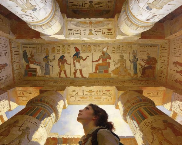 Young Woman in Ancient Egyptian Temple with Murals