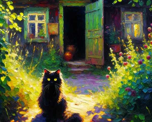 Serene garden scene with a rustic cabin and cat