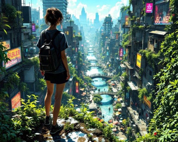 Young woman views futuristic city from green hillside