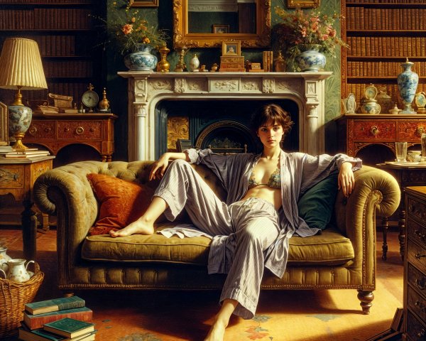 Elegant Room with Woman on Green Sofa and Decor