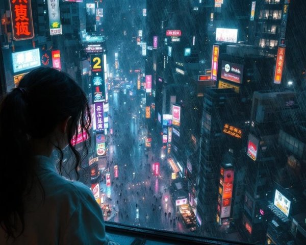 Rainy Window View of a Vibrant Cityscape