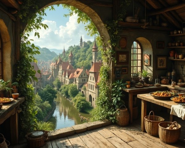 Rustic Kitchen Overlooking Picturesque Village by River