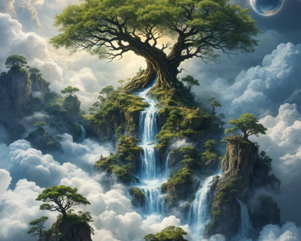 Majestic tree on rocky outcrop with waterfalls and clouds