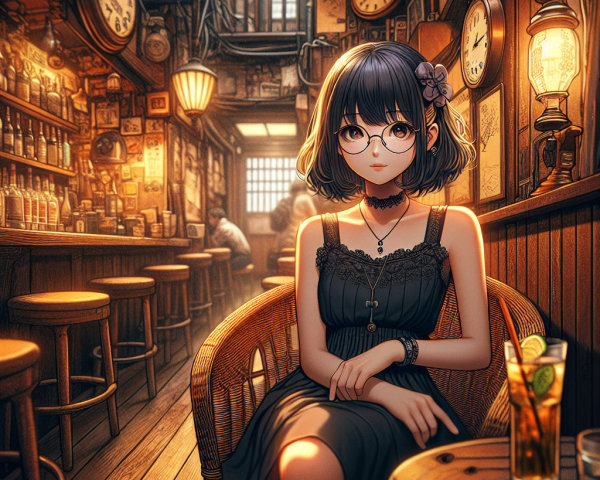 Cozy Bar Scene with Young Woman and Cocktail