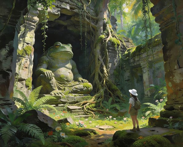 Young Woman in Cave with Giant Frog Buddha Statue