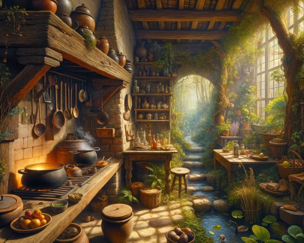 Cozy Rustic Kitchen in a Verdant Forest Setting