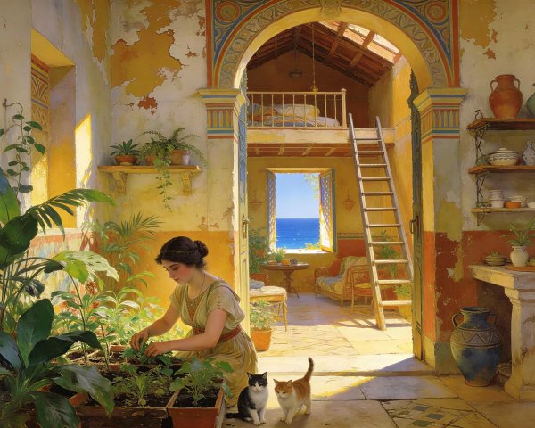 Oil Painting of a Woman Tending Plants in a Yellow Room