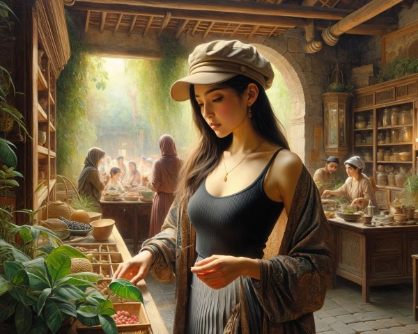Ancient Marketplace Scene with Vibrant Plants and Activity