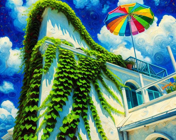 Vibrant White Building with Ivy and Colorful Umbrella