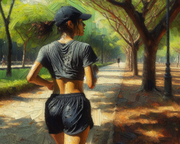 Jogging in a Sunlit Park with Trees and Shadows