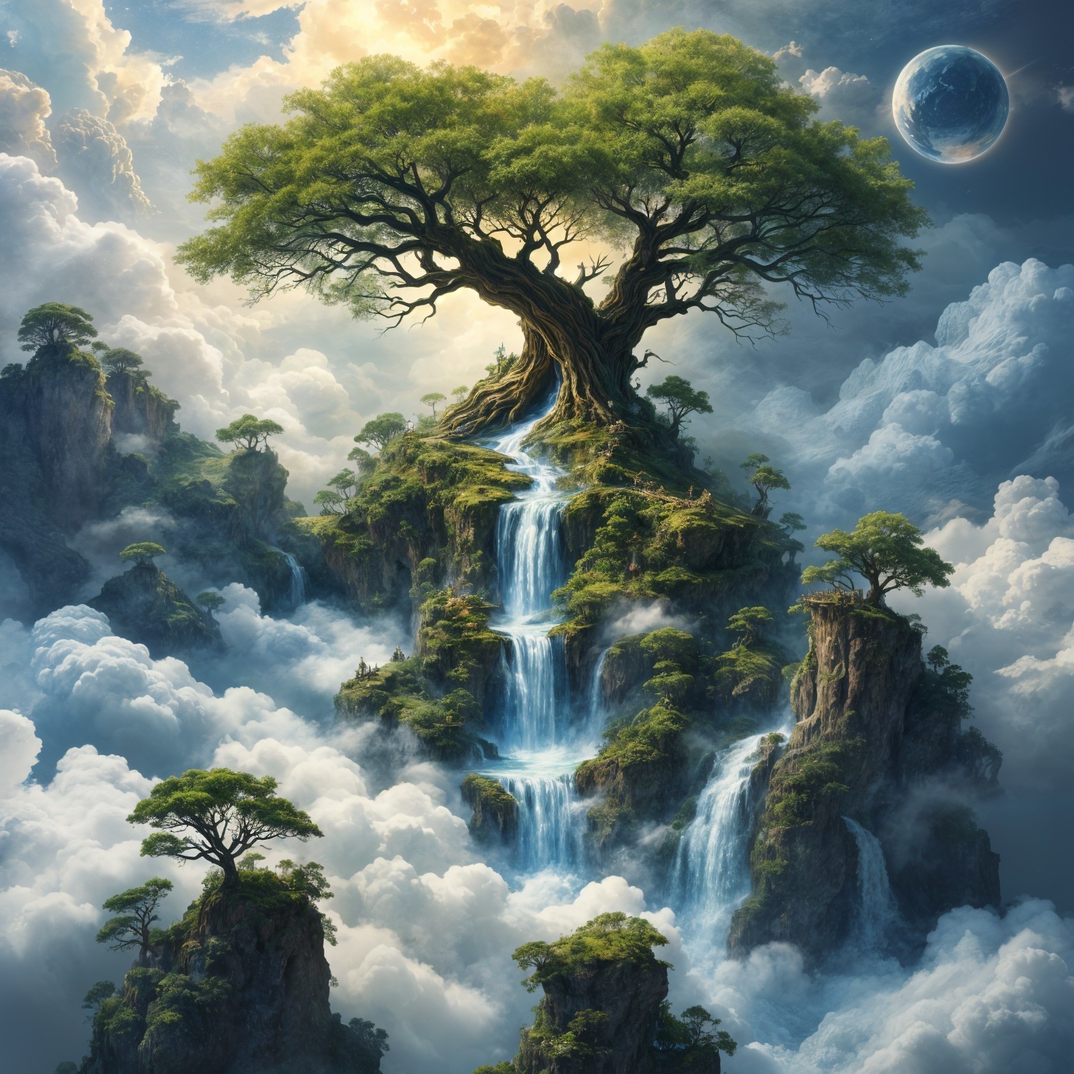 Majestic tree on rocky outcrop with waterfalls and clouds
