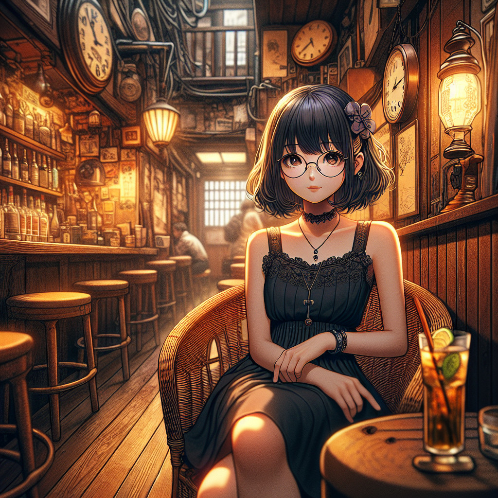 Cozy Bar Scene with Young Woman and Cocktail