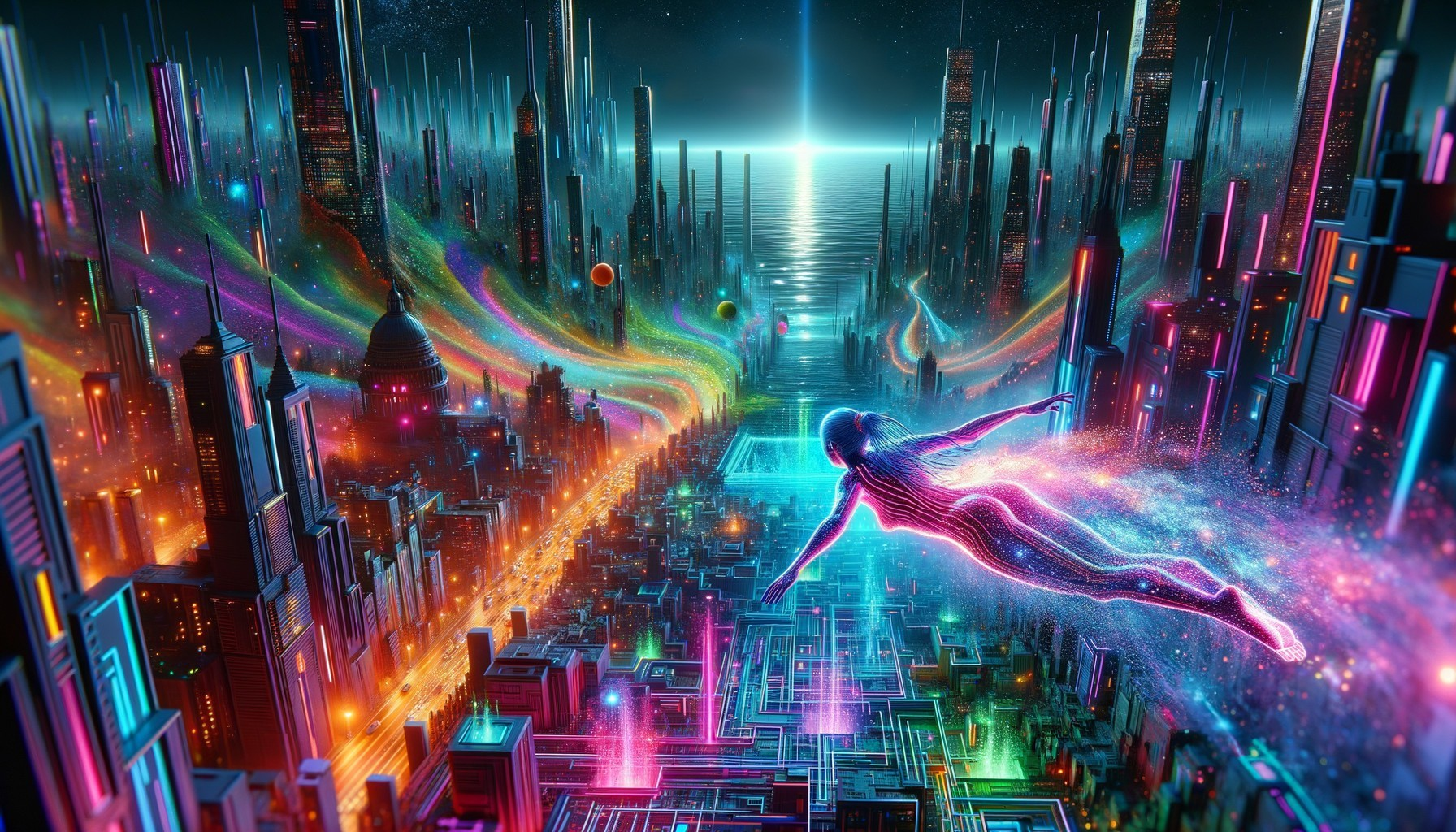 Futuristic cityscape with neon colors and floating figure