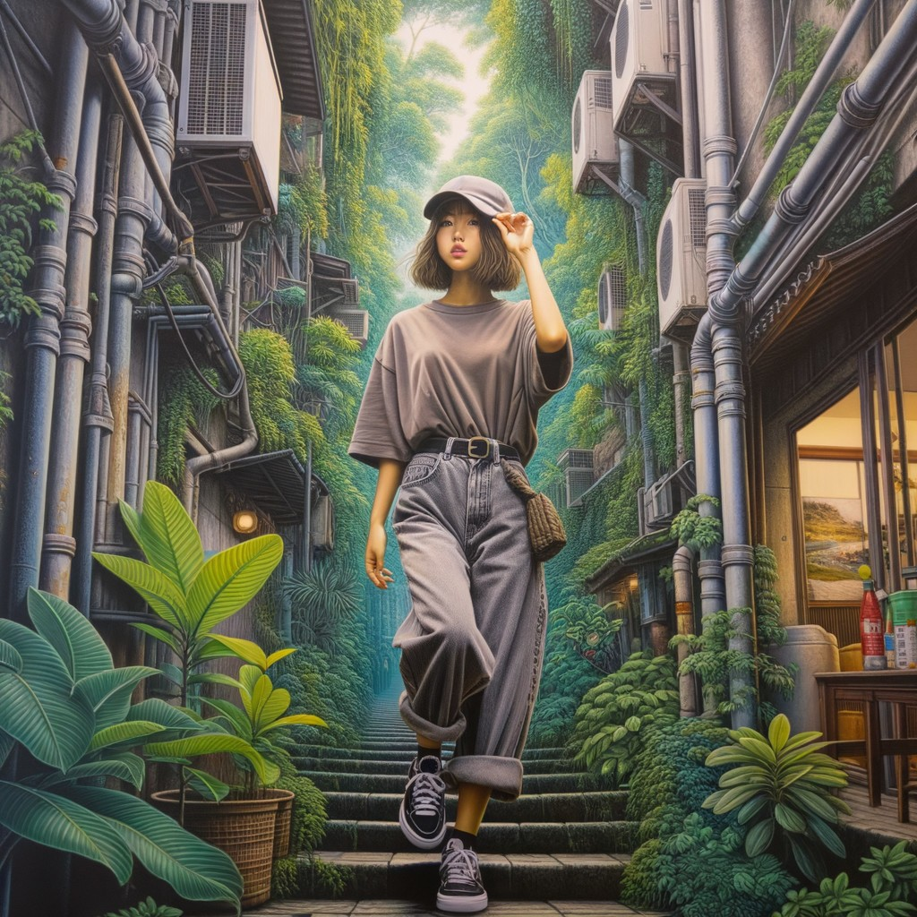 Young Woman in Urban Alley Surrounded by Greenery