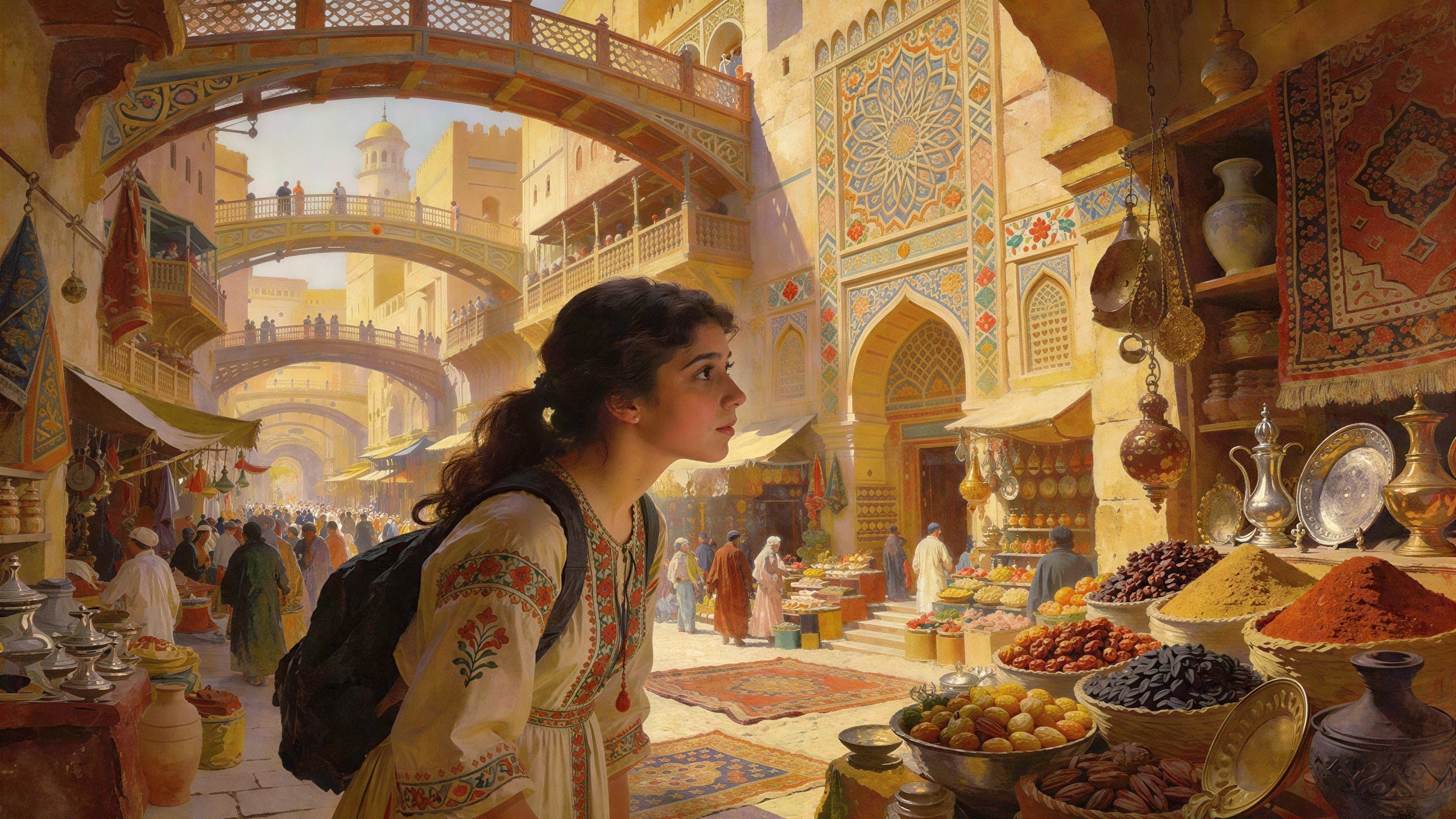 Outdoor Market Scene with Vibrant Spices and Goods