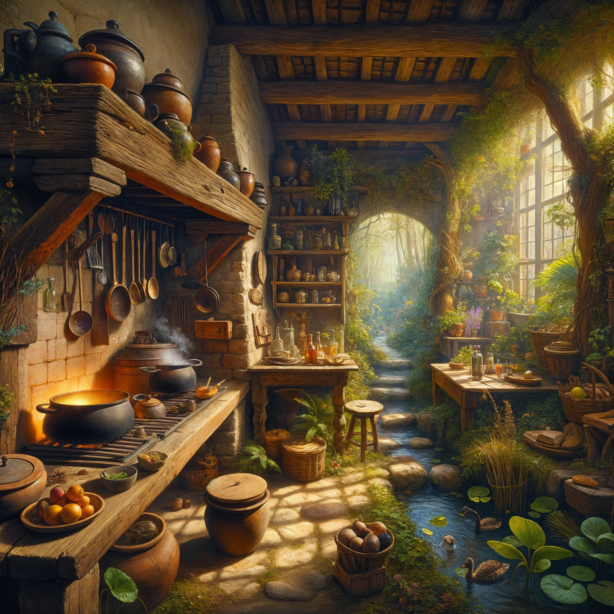 Cozy Rustic Kitchen in a Verdant Forest Setting