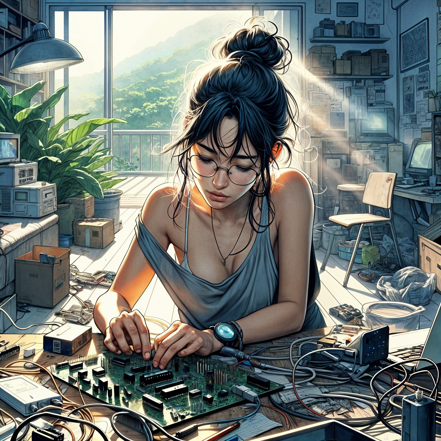 Young Woman Working on Circuit Board in Workshop