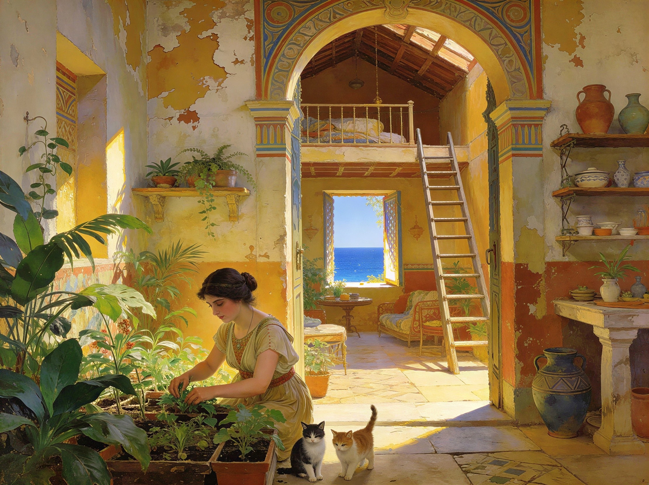 Oil Painting of a Woman Tending Plants in a Yellow Room
