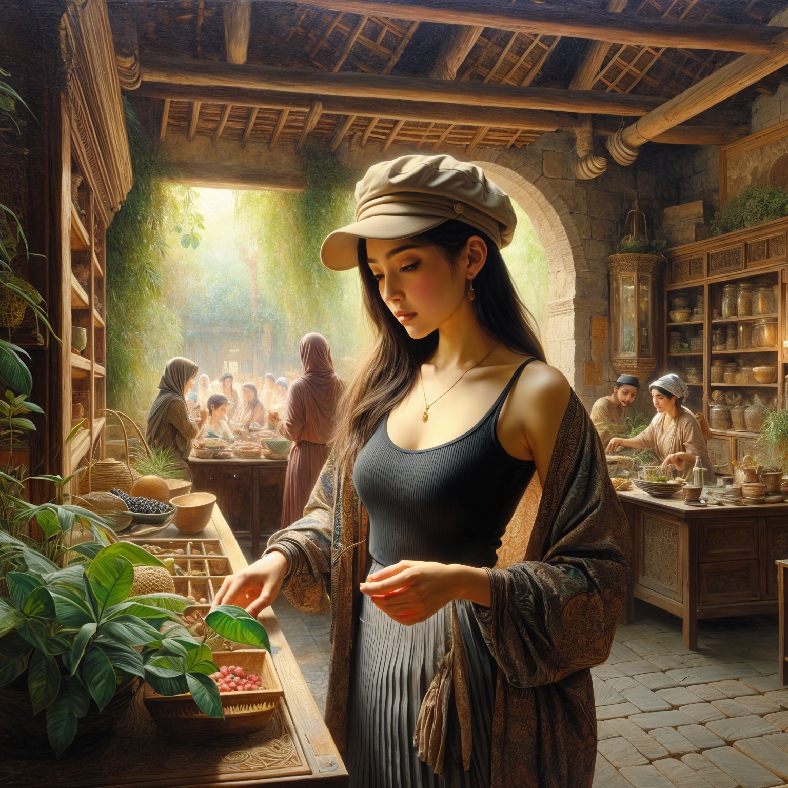 Ancient Marketplace Scene with Vibrant Plants and Activity