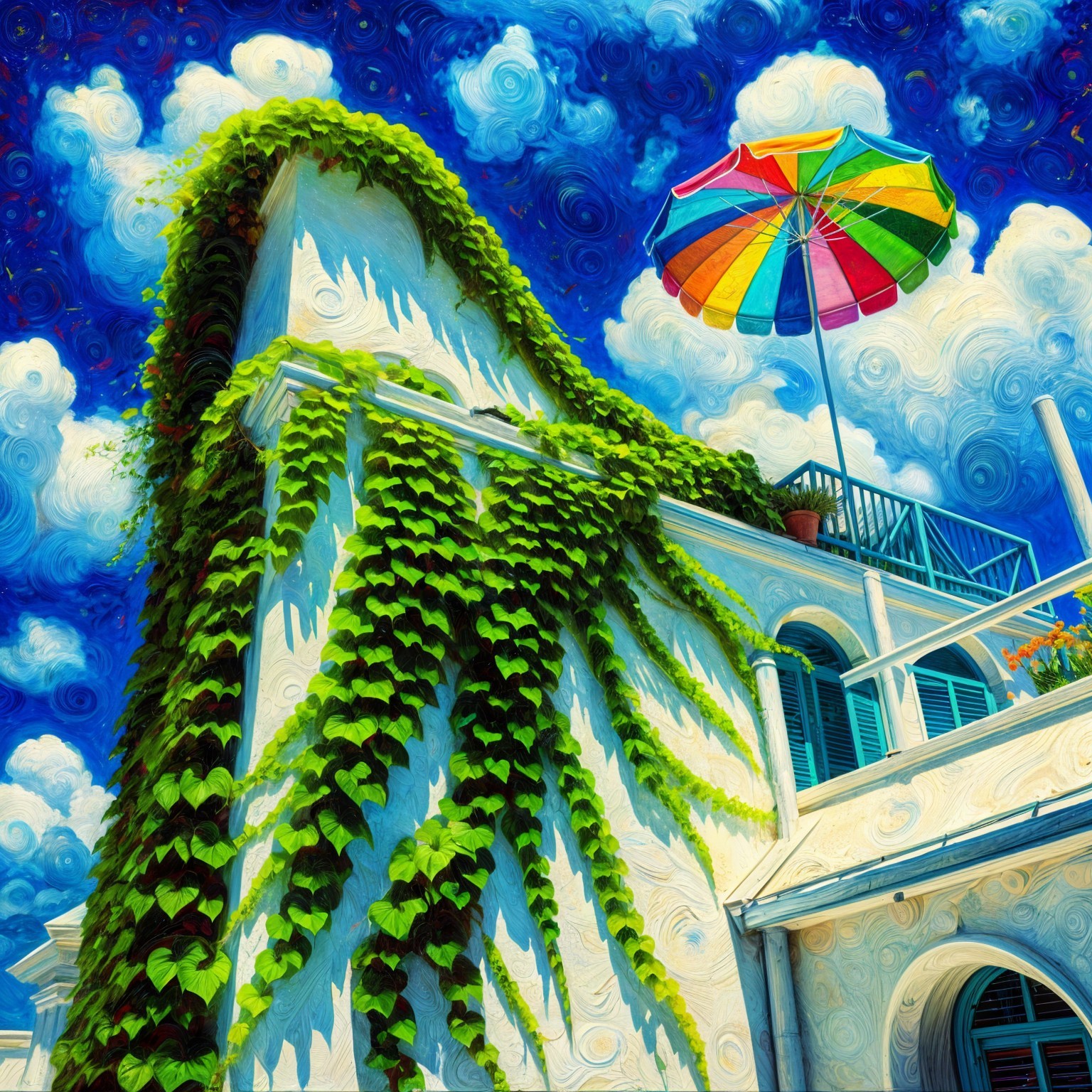 Vibrant White Building with Ivy and Colorful Umbrella