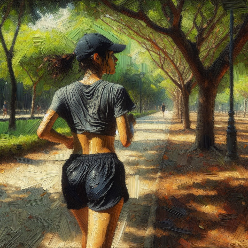 Jogging in a Sunlit Park with Trees and Shadows