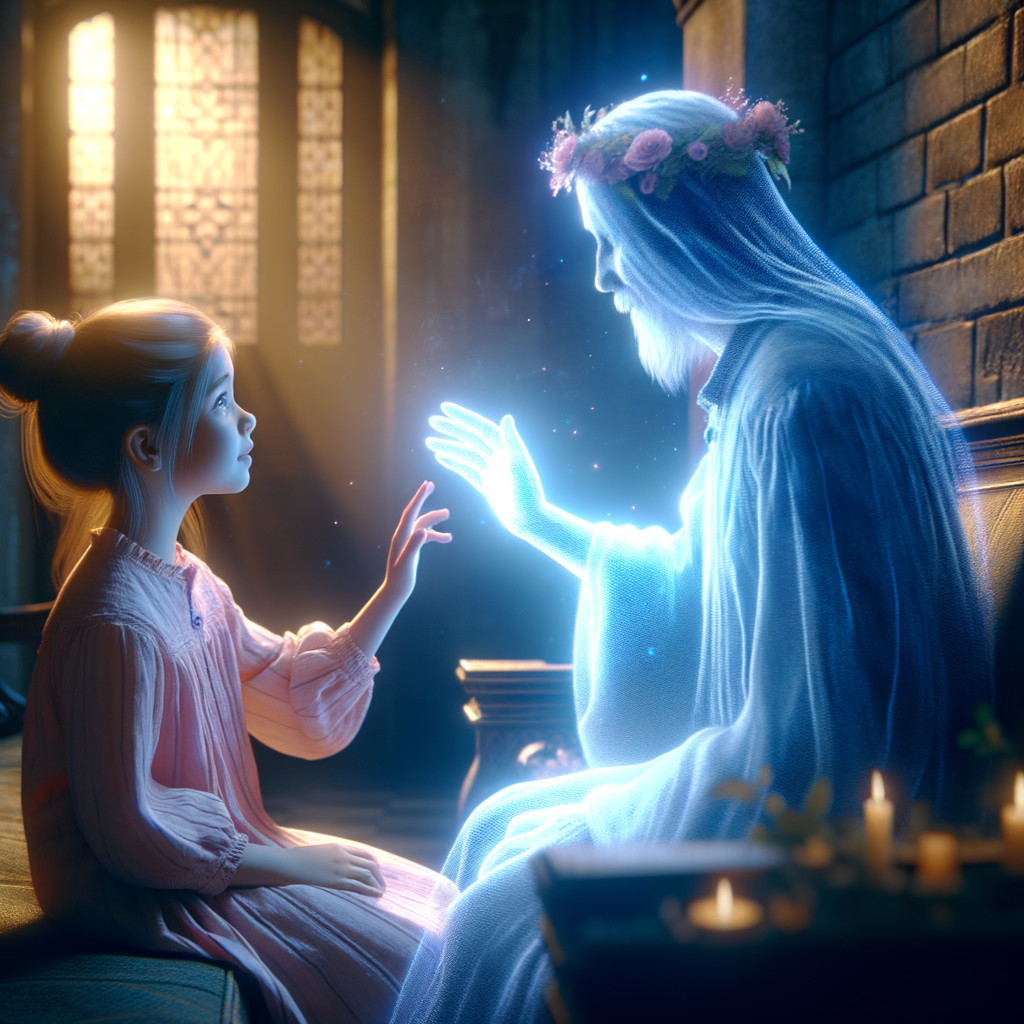 Young girl and ethereal figure in a serene room