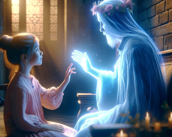 Young girl and ethereal figure in a serene room