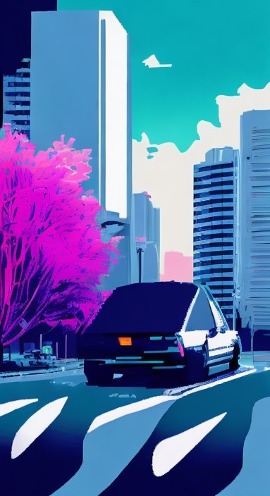 Vibrant Cityscape with Stylized Car and Pink Trees