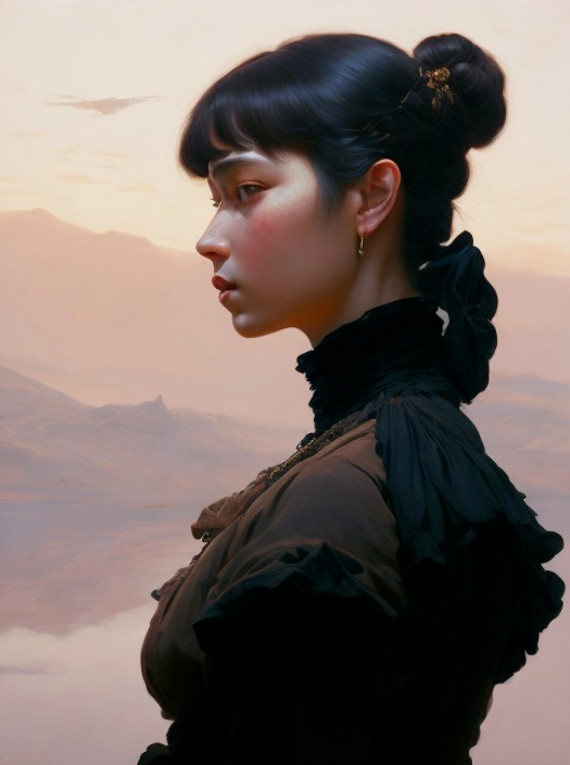 Young Woman in Elegant Black Dress in Dreamy Landscape