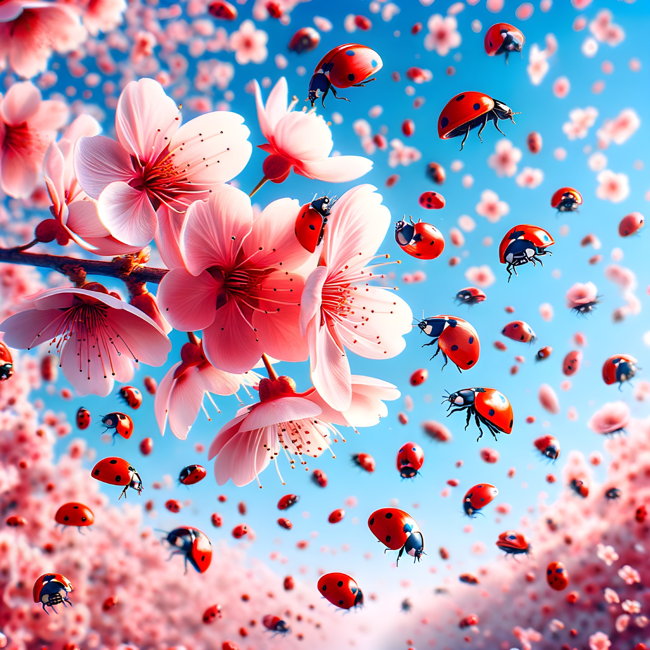 Cherry Blossoms and Ladybugs in Spring Landscape