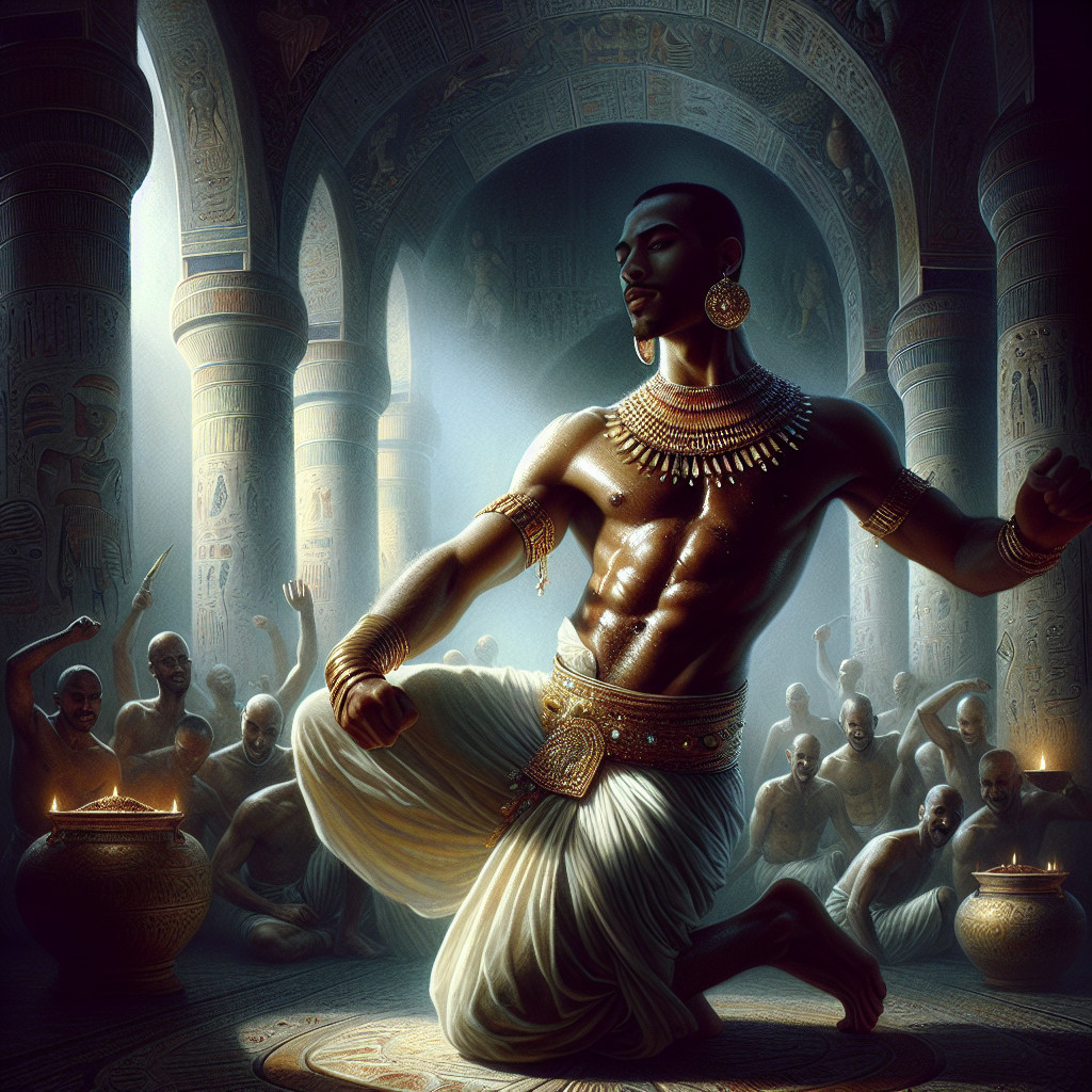 Muscular Figure in Temple with Hieroglyphics and Jewelry