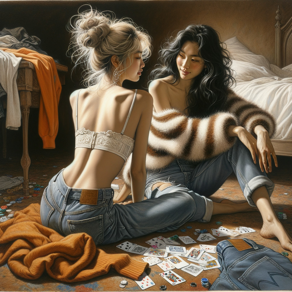 Cozy Room with Two Women and Playing Cards
