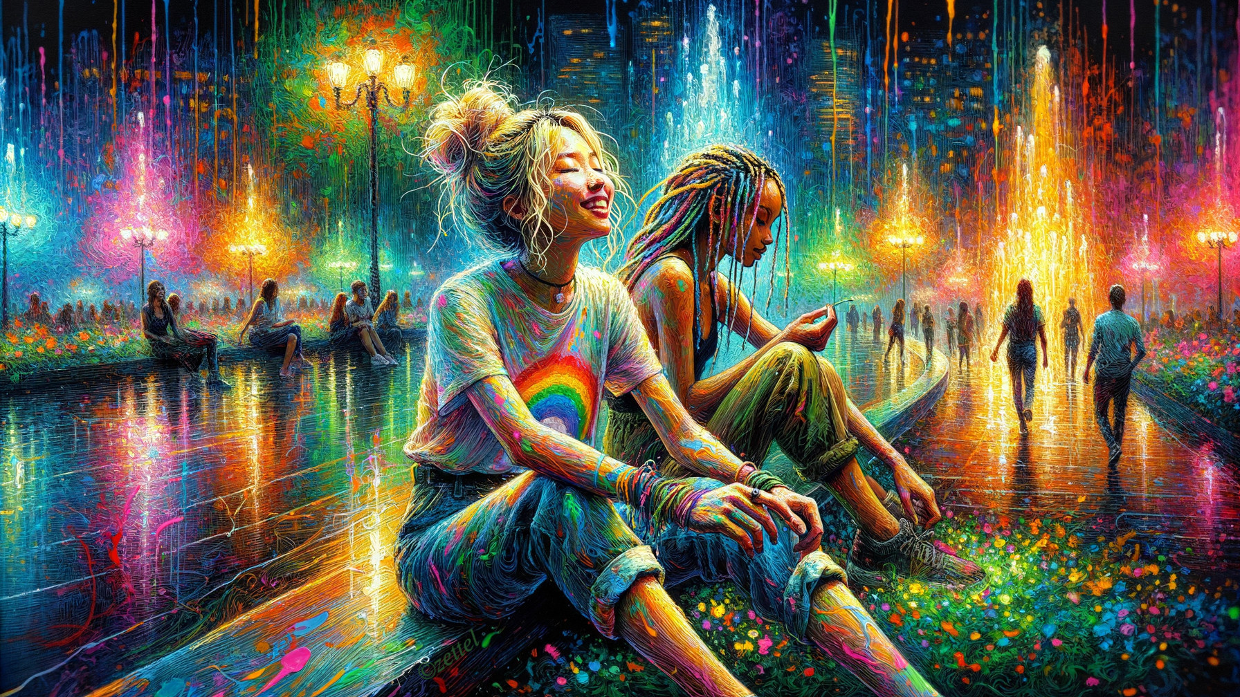 Nighttime Park Scene with Women and Colorful Lights