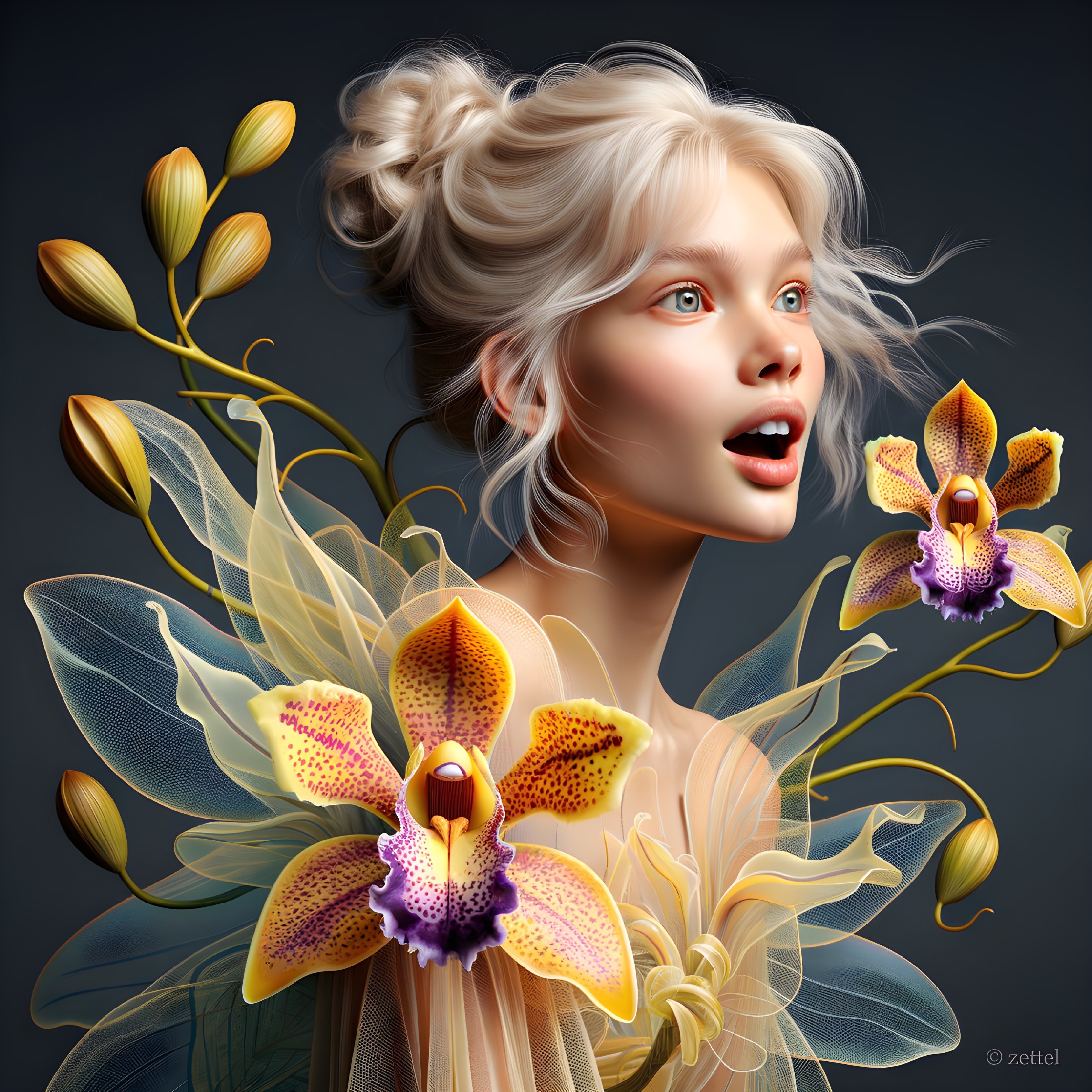 Portrait of a Young Woman Surrounded by Orchids
