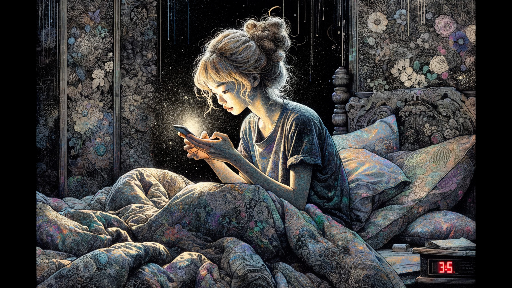 Cozy Bedroom Scene with Woman and Phone at Night