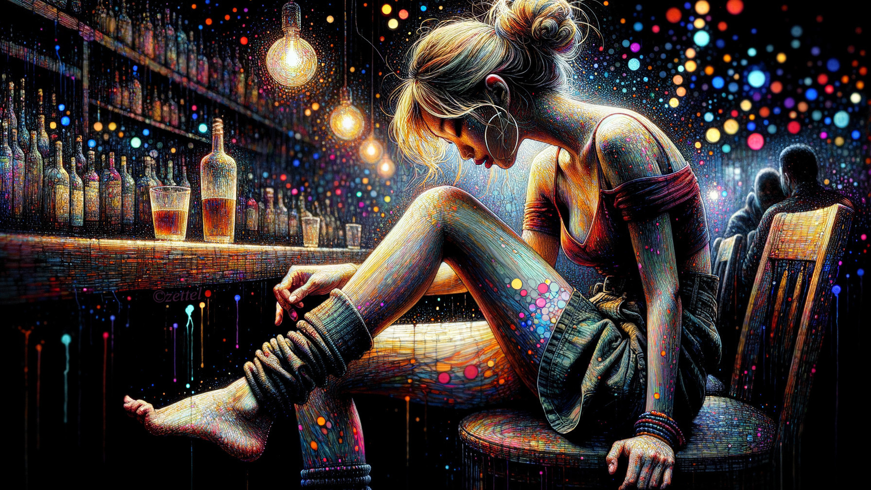 Contemplative Woman on Barstool in Colorful Setting