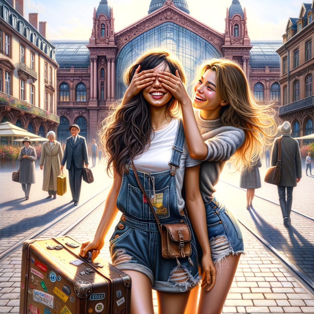 Cheerful Young Women on a Lively Street Scene