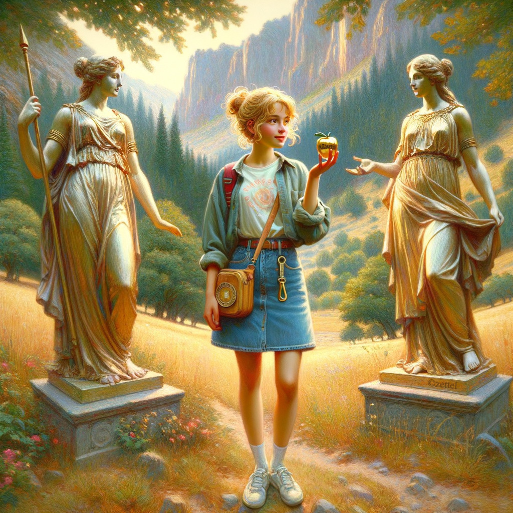 Young Woman Between Statues in Serene Landscape