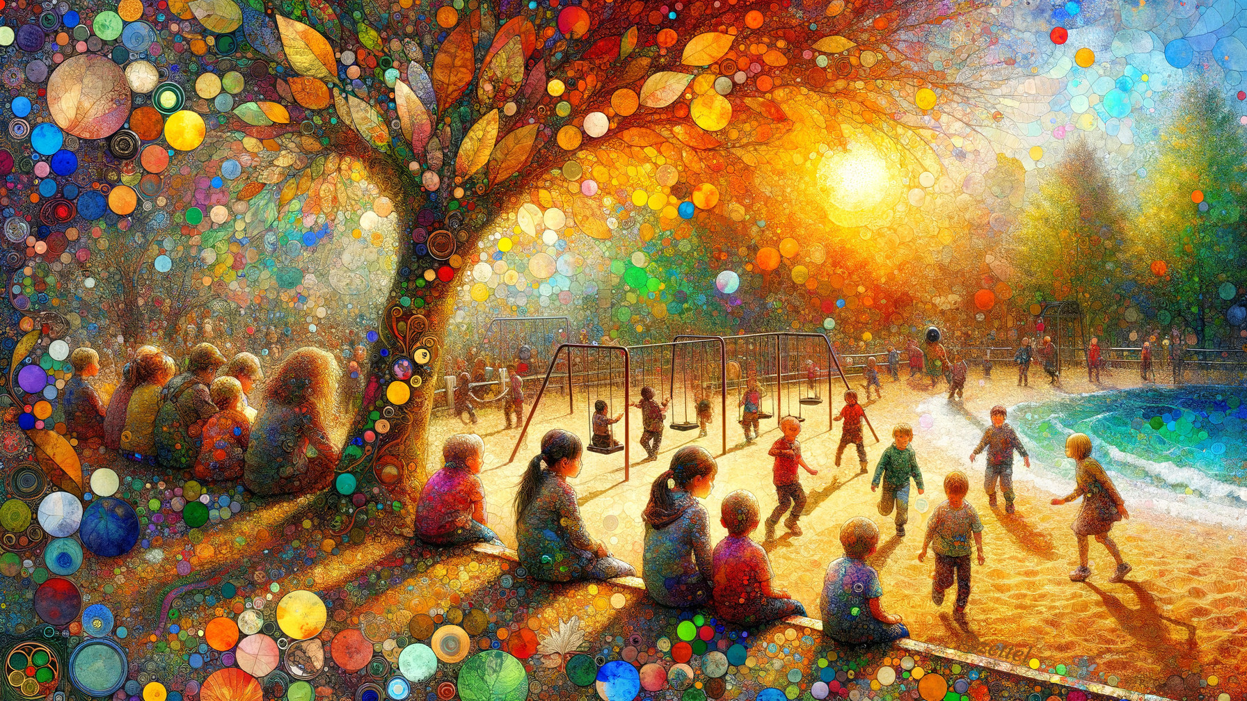 Vibrant Playground Scene at Sunset with Children Playing