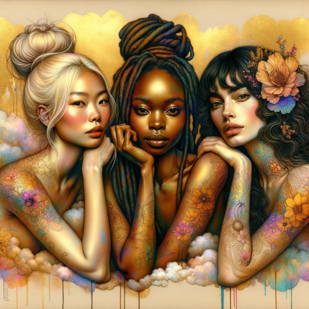 Artwork of Three Diverse Women with Floral Patterns