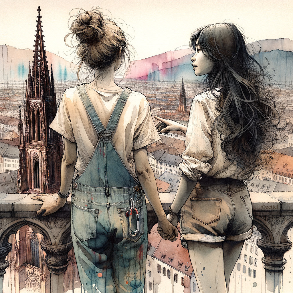 Two Women on Balcony Overlooking Scenic Cityscape