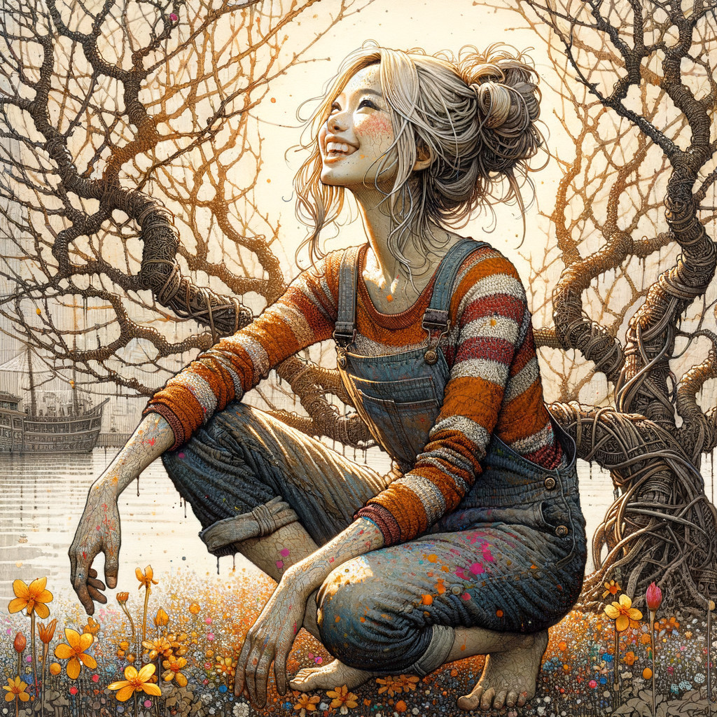 Young woman in overalls among vibrant flowers by a lake