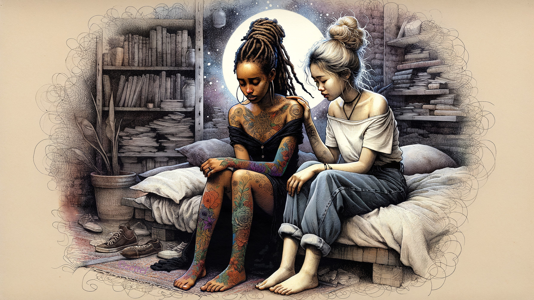 Two Women in a Cozy, Book-Filled Room Setting