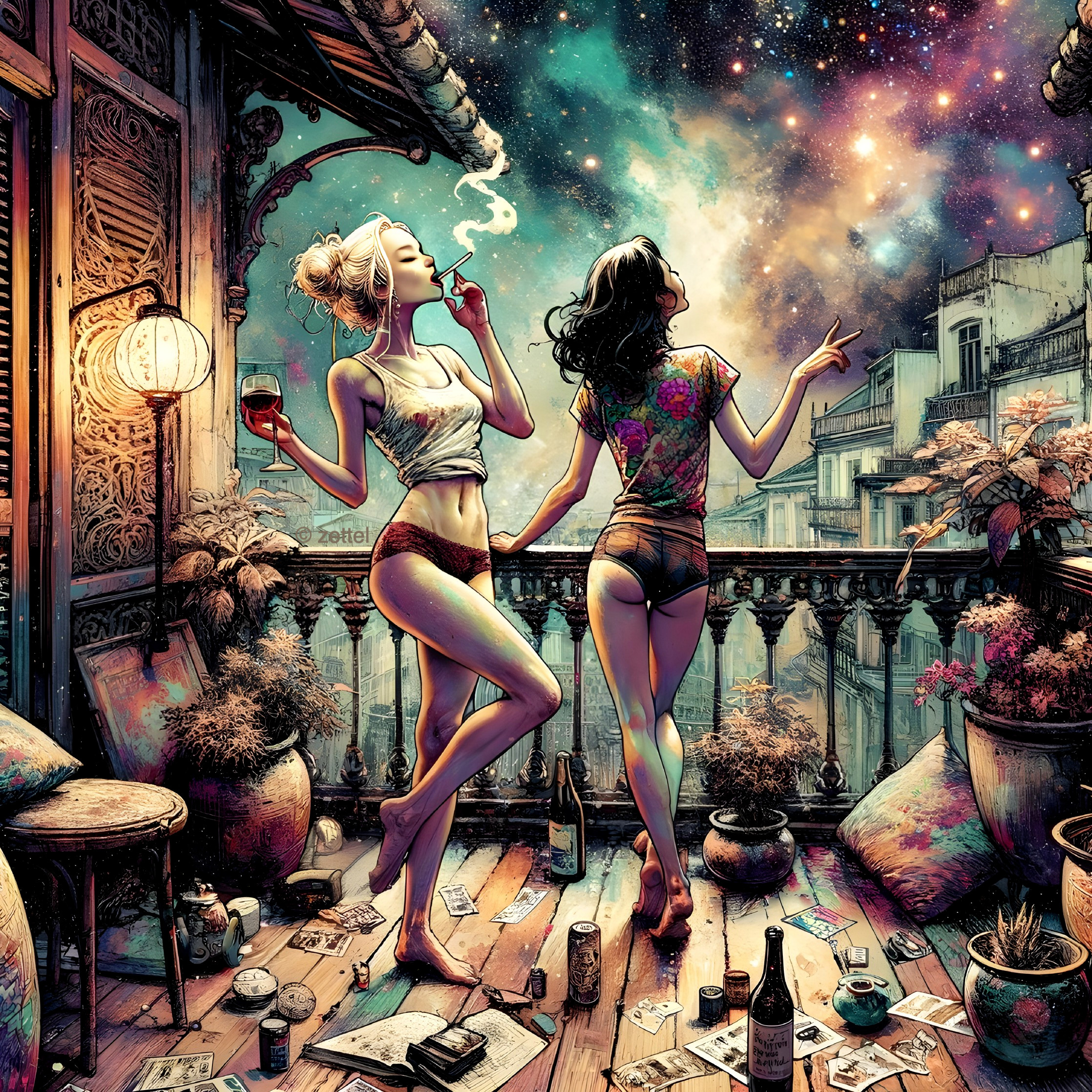 Women on a balcony under a starry sky