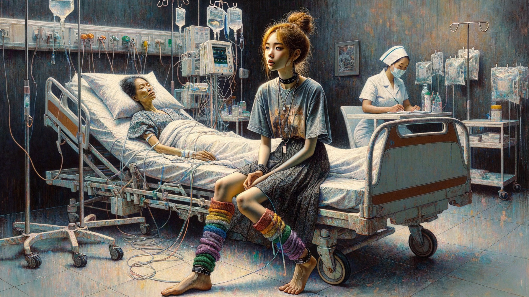 Young Woman in Hospital Room with Older Patient