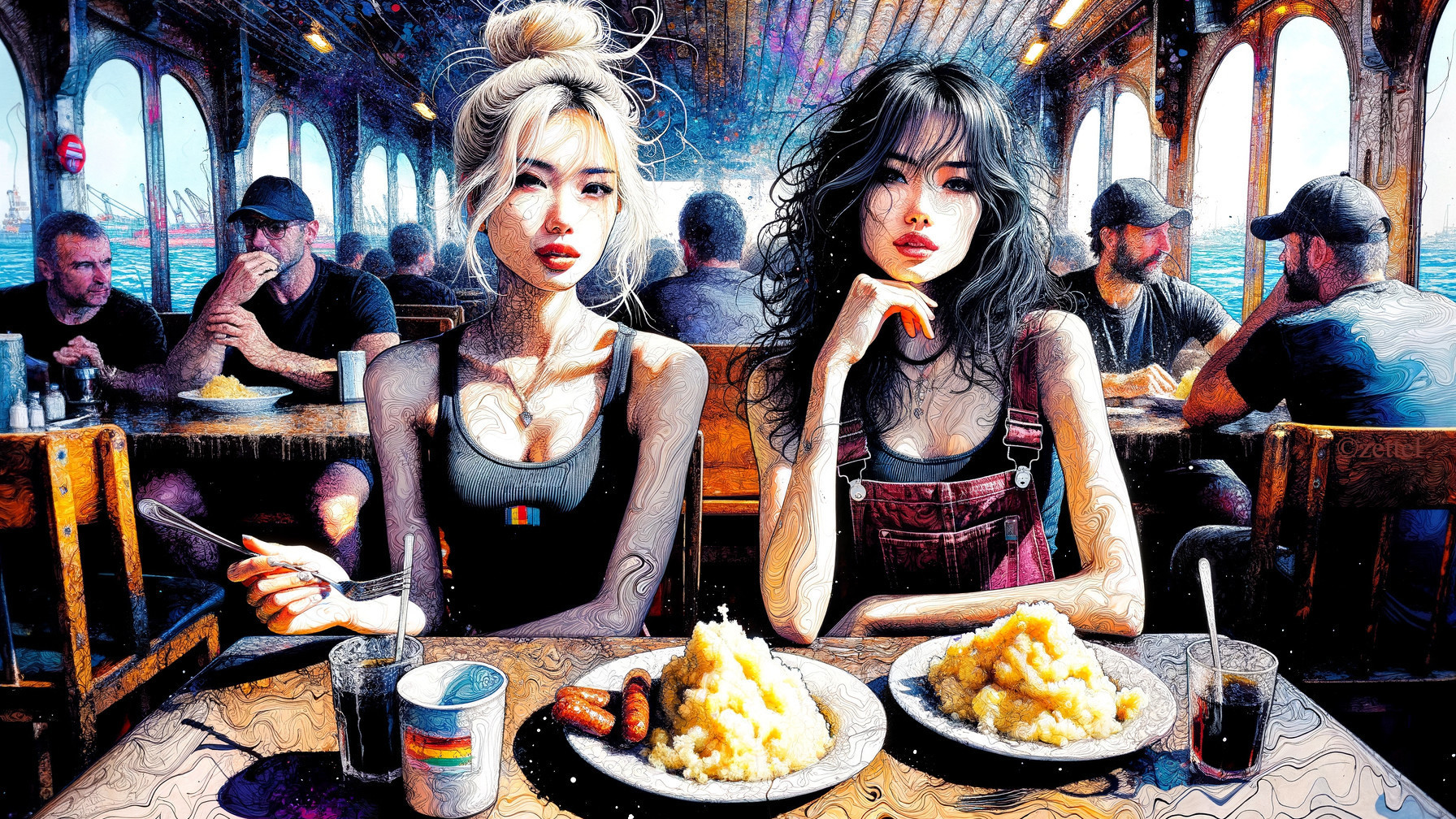 Stylish Women Dining on a Boat with Scenic Views