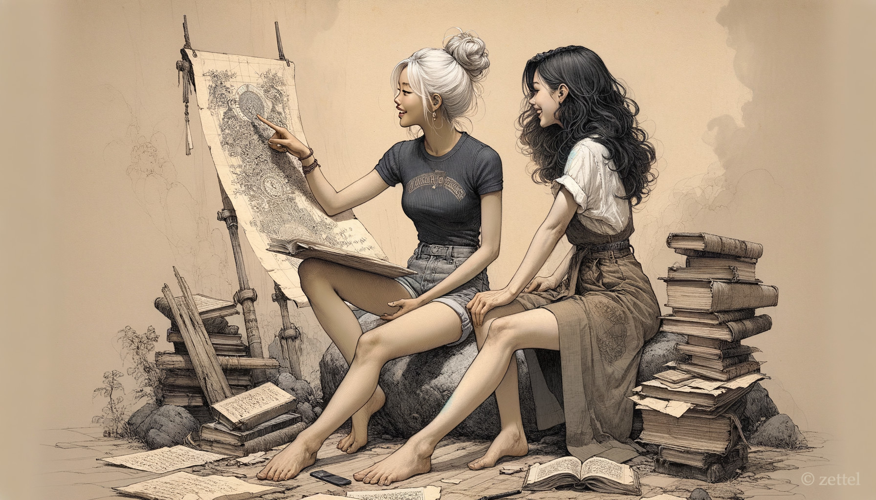 Young women discussing a map in a cozy setting