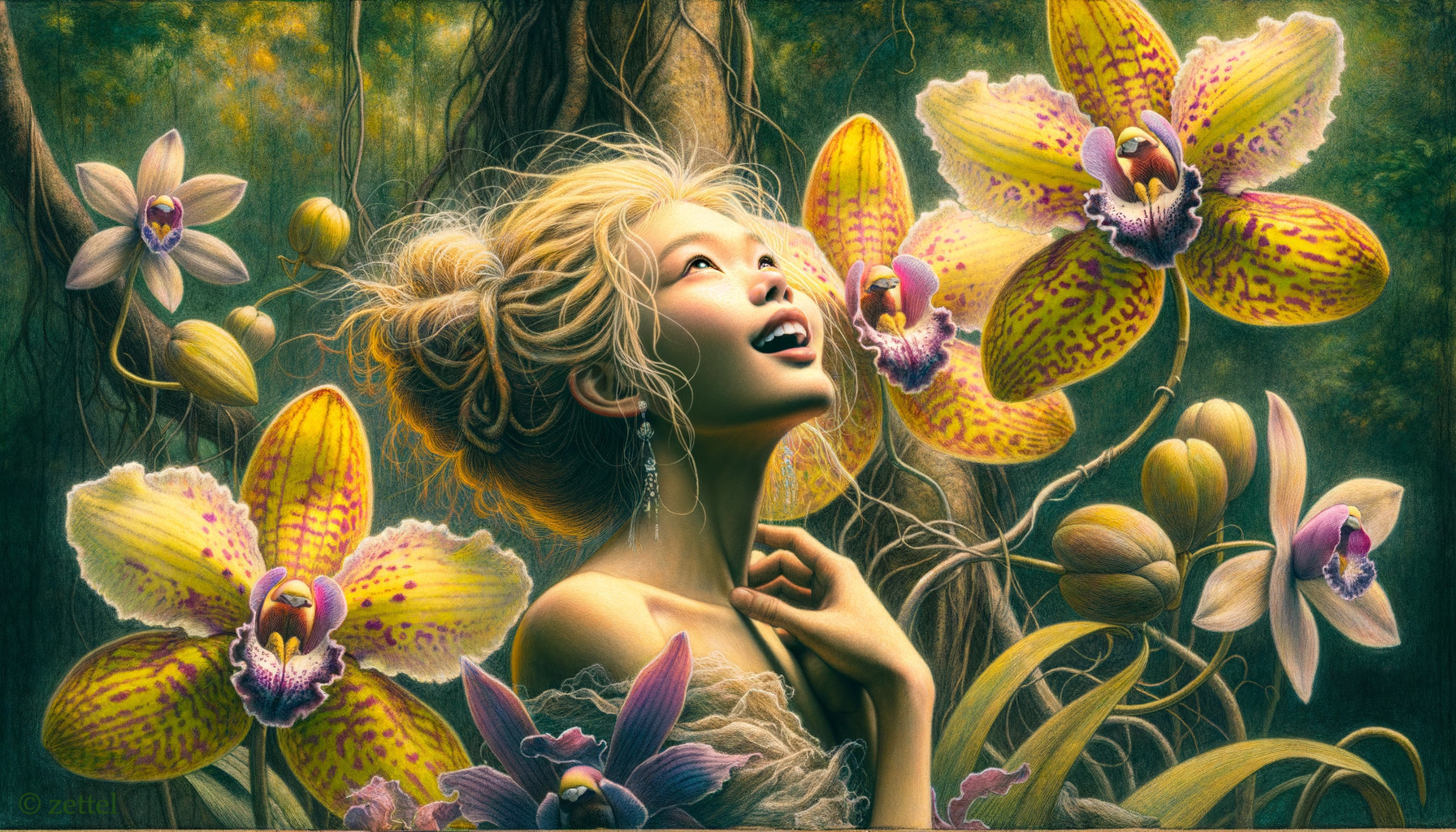 Woman in Sheer Garment Surrounded by Orchids and Foliage